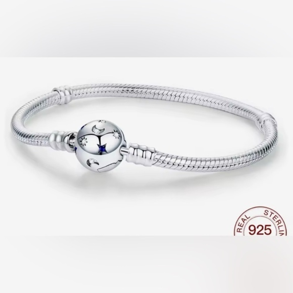 New Moon and Stars .925 Silver Charm Bracelet, Stamped